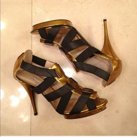 Oscar de la Renta Black Gold Leather Heels 9.5 - Picture 5 of 6